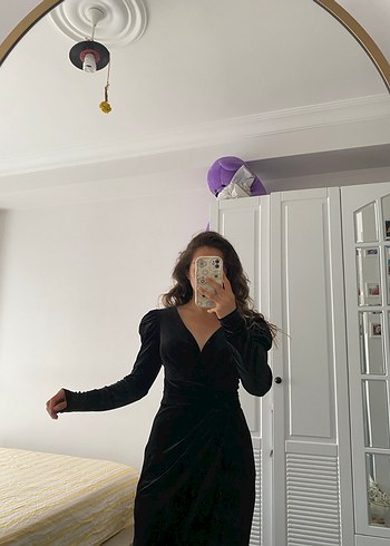 36 Beden Siyah V Yaka Uzun Kadın Elbise