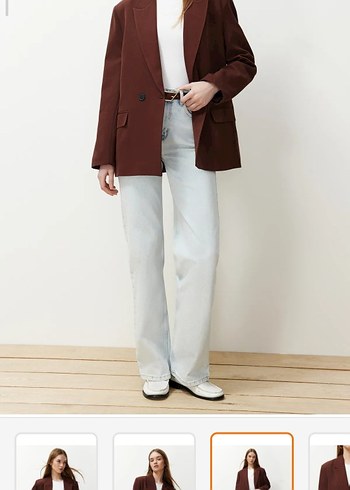 kahverengi oversize basic kruvaze dokuma blazer ceket