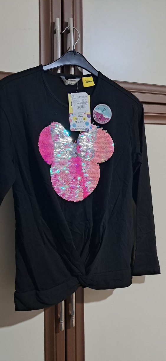 Kız Çocuk Pullu Minnie Mouse Baskılı Uzun Kollu Tişört - Görsel 3