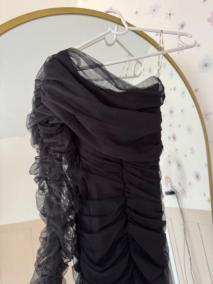 Drapeli Siyah Uzun Straplez Kadın Abiye Elbise - Görsel 2