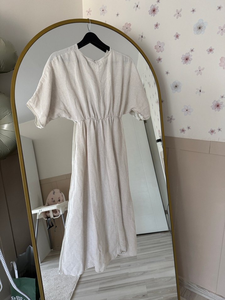 Bej V Yakalı Salaş Keten Uzun Elbise - Görsel 3