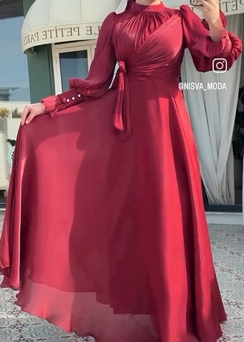 Abiye Bordo Uzun Drapeli Tesettür Abiye