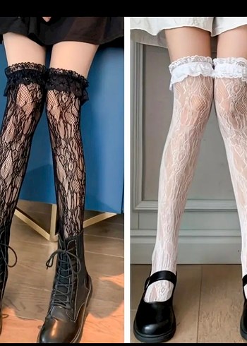 universal Beden Beyaz Dantel Gotik Diz Üstü Çorap