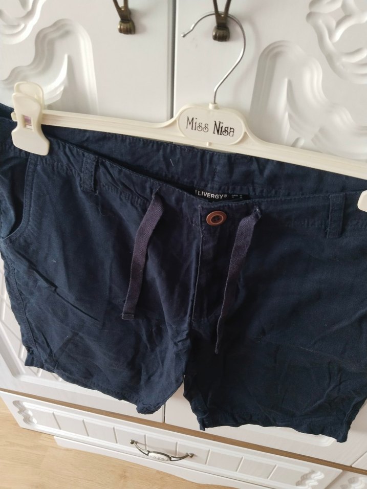 Lacivert Keten Kemerli Erkek Şort - Görsel 2