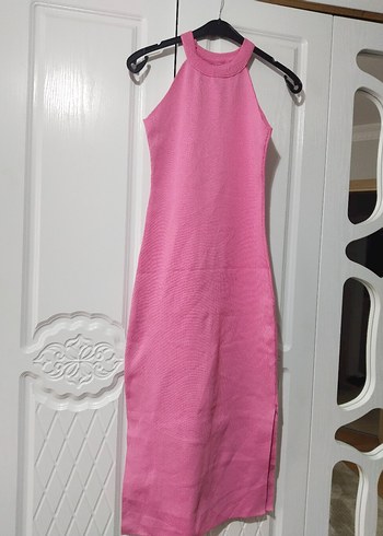 Pembe Yüksek Yakalı Uzun Triko Elbise - Görsel 2