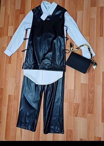 Siyah Deri Kolsuz Kemerli Ceket 3 lu - Görsel 2