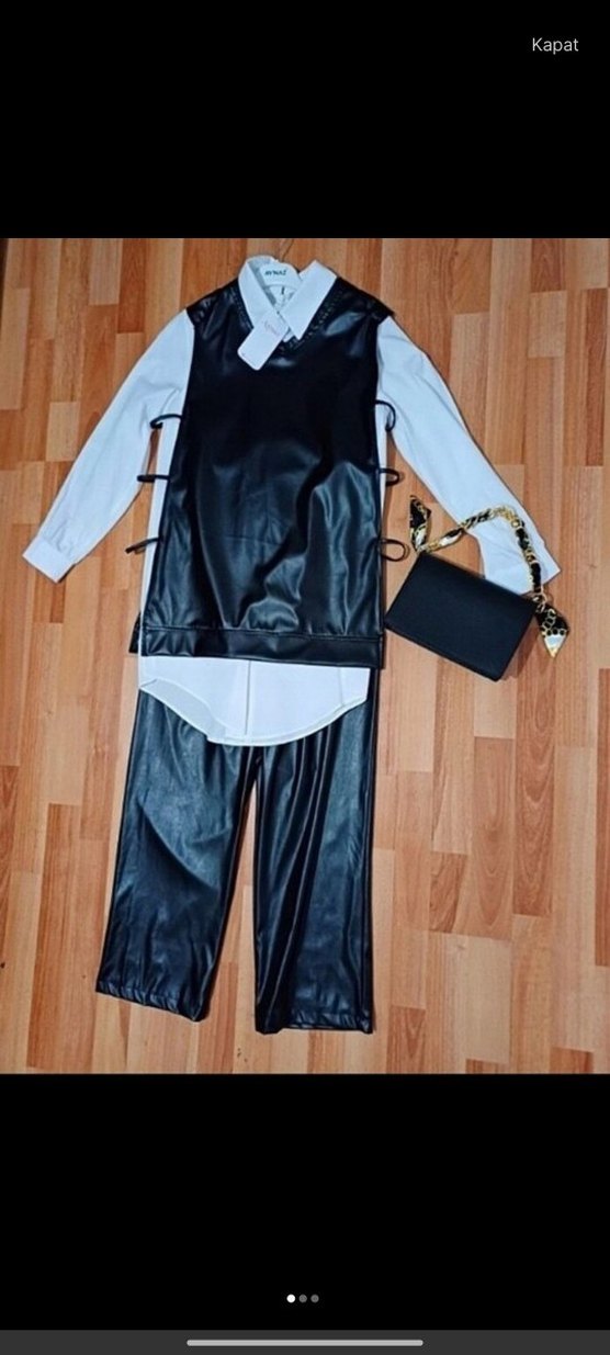 Siyah Deri Kolsuz Kemerli Ceket 3 lu - Görsel 2