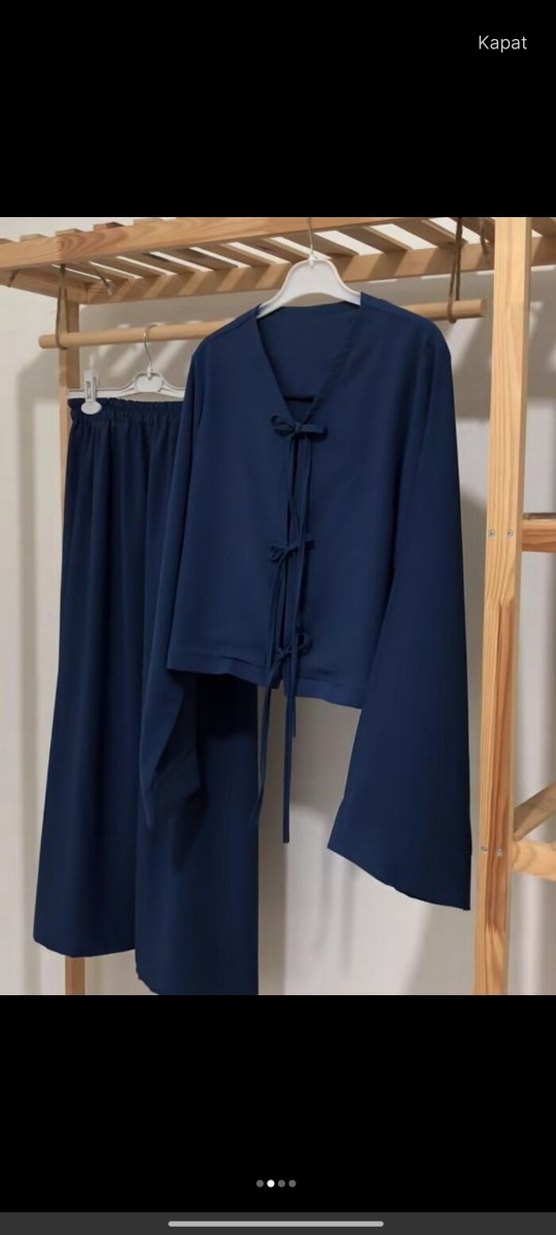 Kadın Lacivert Uzun Kollu Salaş Uzun Sabahlık - Görsel 2