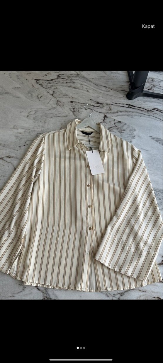 Bej Çizgili Kısa Kollu Kadın Gömlek - Görsel 2