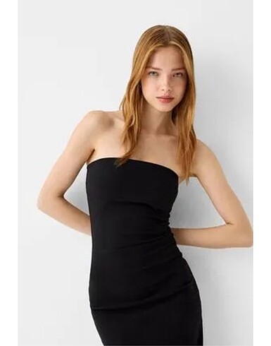 Bershka bershka straplez siyah midi elbise