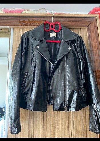 Siyah Parlak Deri Biker Ceket