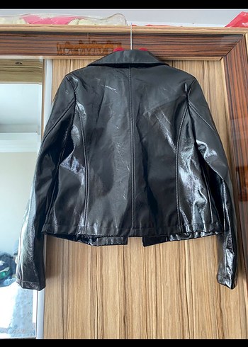 s Beden Siyah Parlak Deri Biker Ceket