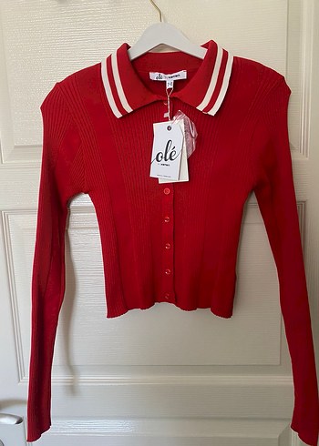 Kırmızı Triko Polo Yaka Kadın Kazak - Görsel 2