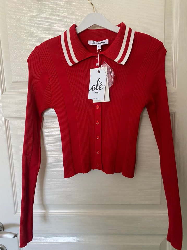 Kırmızı Triko Polo Yaka Kadın Kazak - Görsel 2