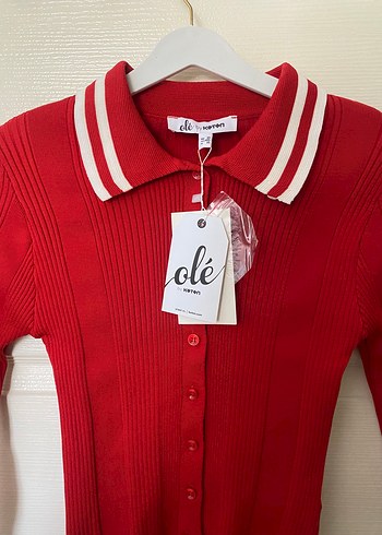 Kırmızı, Yakalı, Uzun Kollu Triko Kadın Kazak - Görsel 2