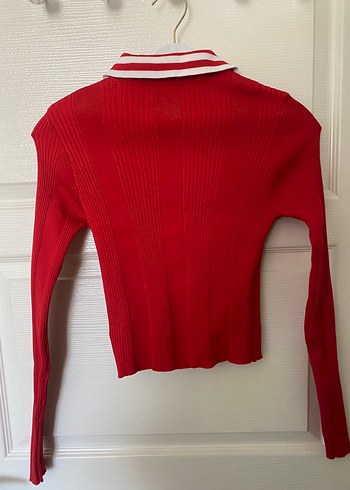 Kırmızı, Yakalı, Uzun Kollu Triko Kadın Kazak - Görsel 3