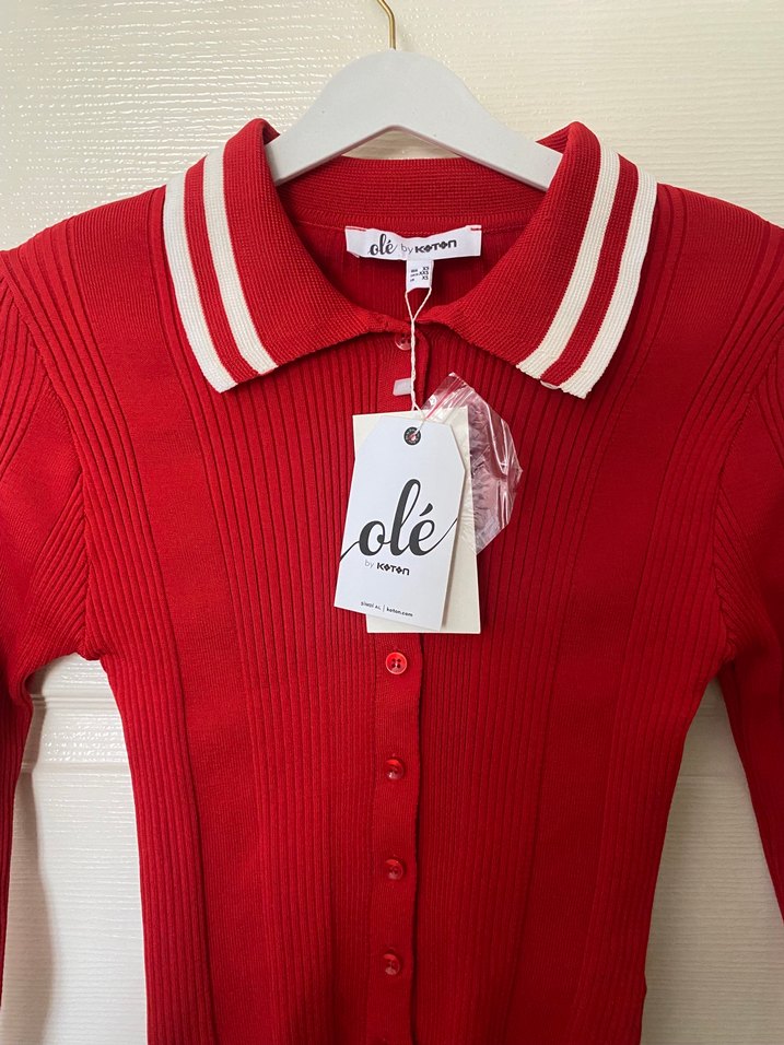 Kırmızı, Yakalı, Uzun Kollu Triko Kadın Kazak - Görsel 2