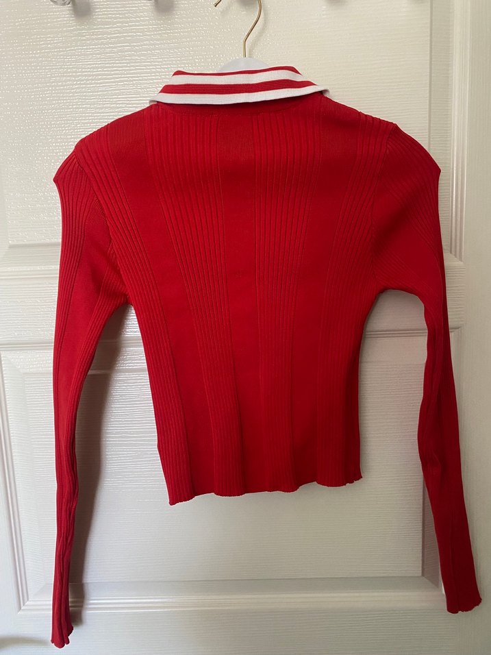 Kırmızı, Yakalı, Uzun Kollu Triko Kadın Kazak - Görsel 3