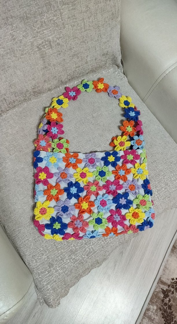 Renkli Örgü Çiçek Desenli Bohem Kadın Çantası - Görsel 2