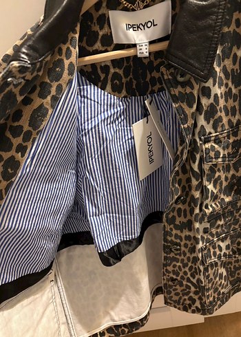 Leopar Desenli Deri Kadın Ceket ipekyol - Görsel 3