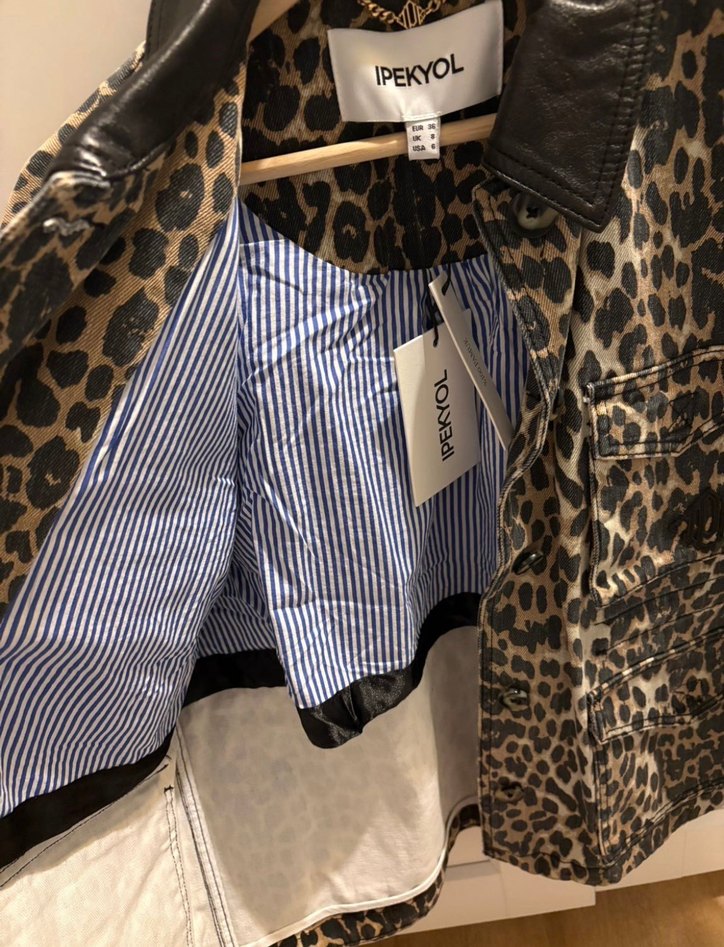 Leopar Desenli Deri Kadın Ceket ipekyol - Görsel 3