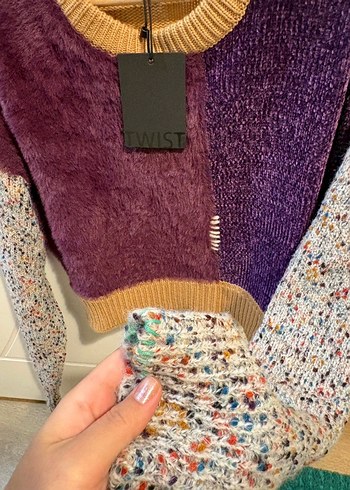 Renkli Bağlama Desenli Salaş Örgü Kazak twist kazak - Görsel 3