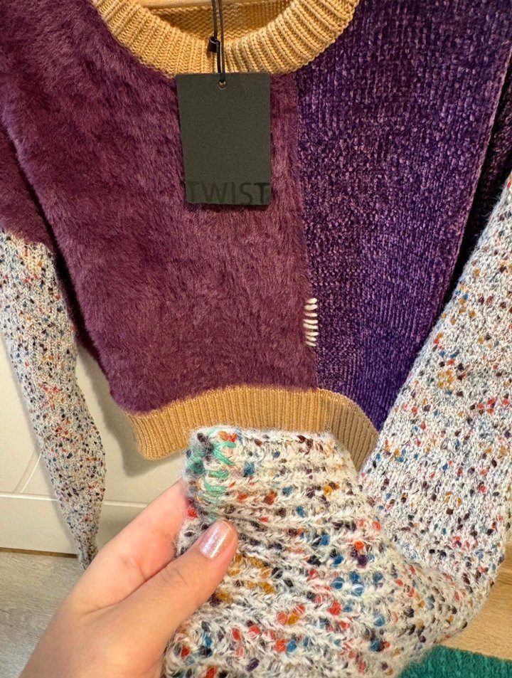 Renkli Bağlama Desenli Salaş Örgü Kazak twist kazak - Görsel 3