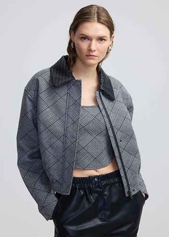 Düğmeli Gri Mini Street Wear Kadın Ceket ipekyol mont - Görsel 8