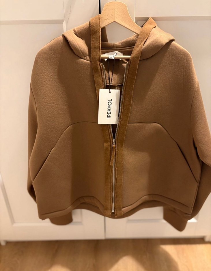 Bej Kapüşonlu Fermuarlı Kadın Ceket ipleyol - Görsel 2