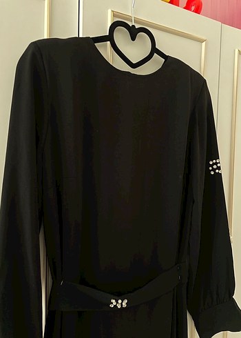 Kadın Siyah Uzun Kollu İncili Uzun Elbise - Görsel 3