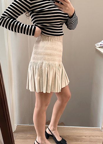 Bej Pilili Mini deri Etek - Görsel 4