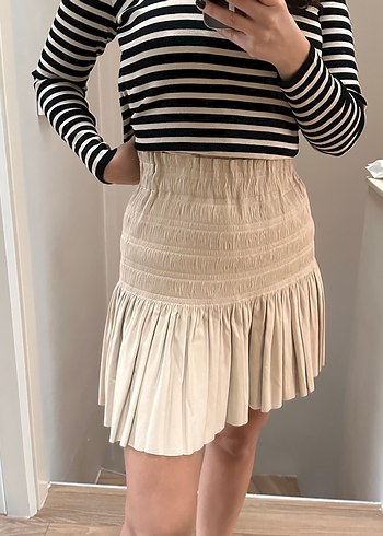 Bej Pilili Mini deri Etek - Görsel 6