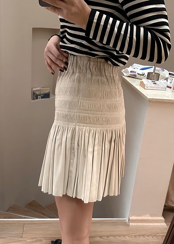 Bej Pilili Mini deri Etek - Görsel 5