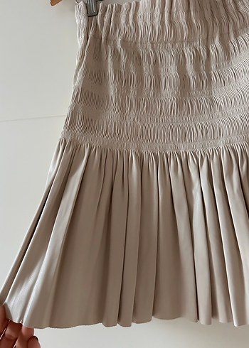 Bej Pilili Mini deri Etek - Görsel 3