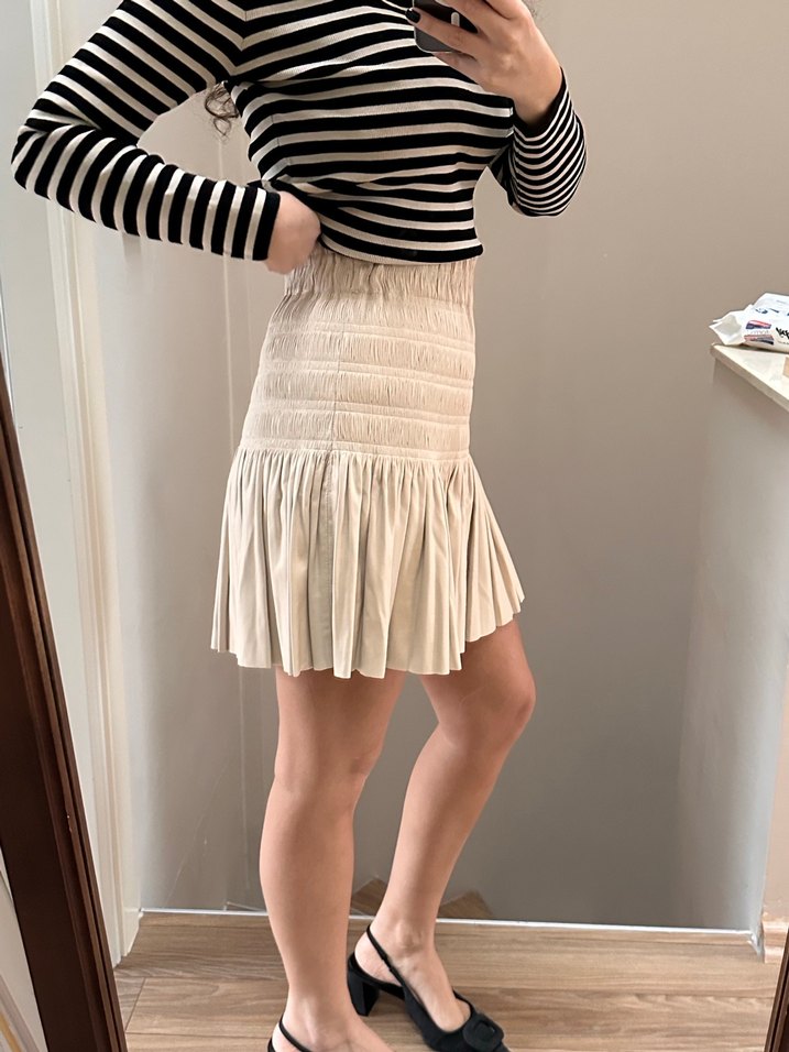 Bej Pilili Mini deri Etek - Görsel 4