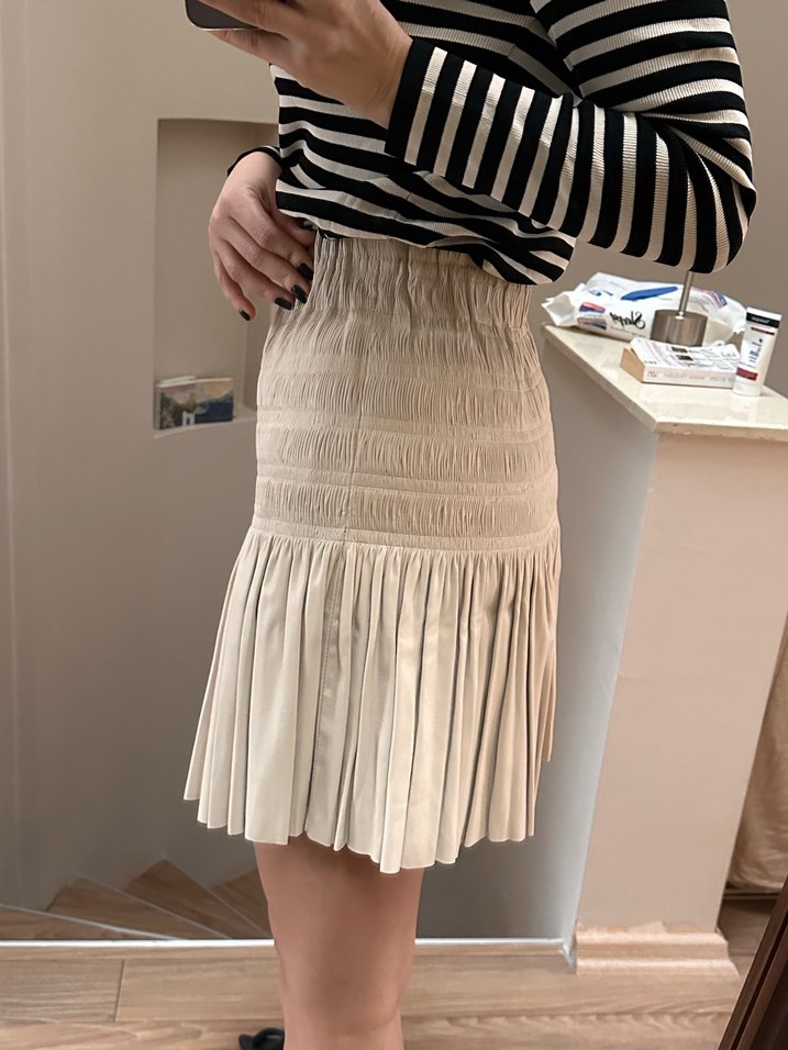 Bej Pilili Mini deri Etek - Görsel 5