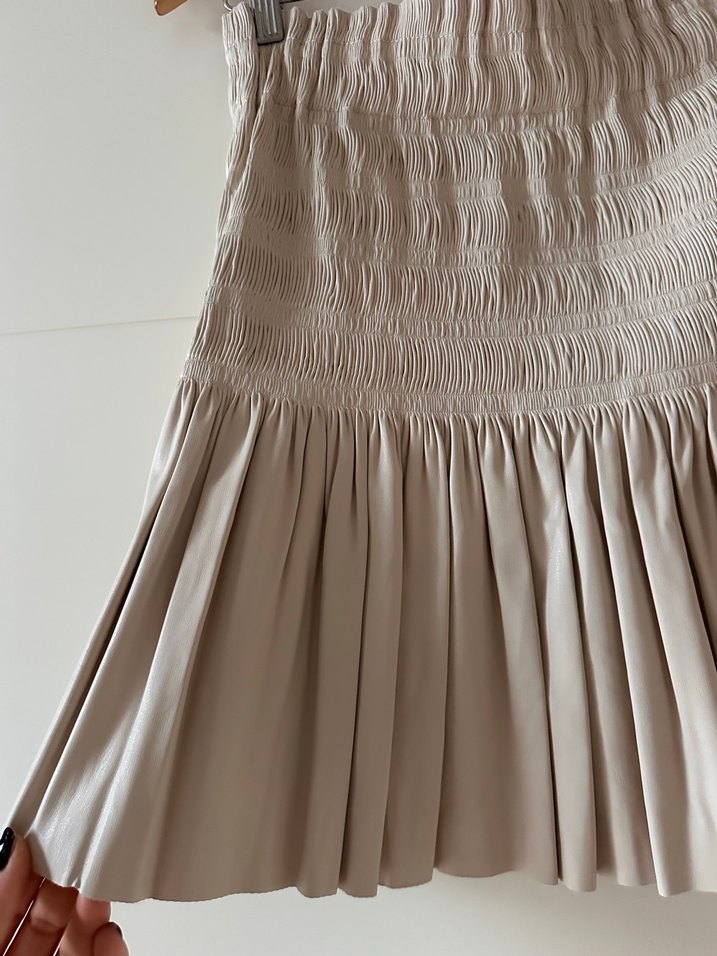 Bej Pilili Mini deri Etek - Görsel 3