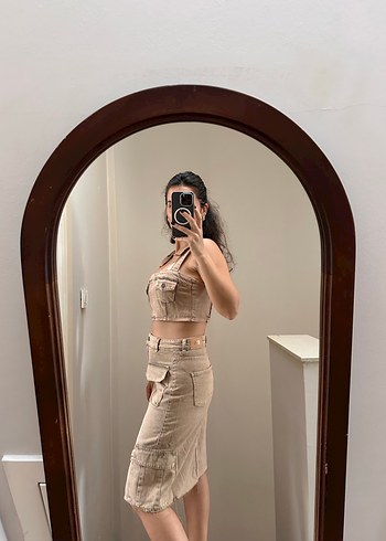 Kahverengi Denim Midi Etek ve Askılı Üst - Görsel 5