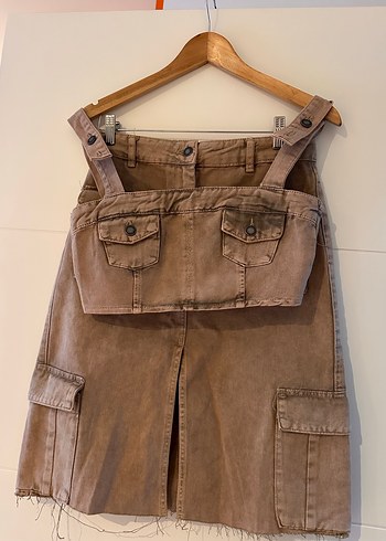 Kahverengi Denim Midi Etek ve Askılı Üst - Görsel 3