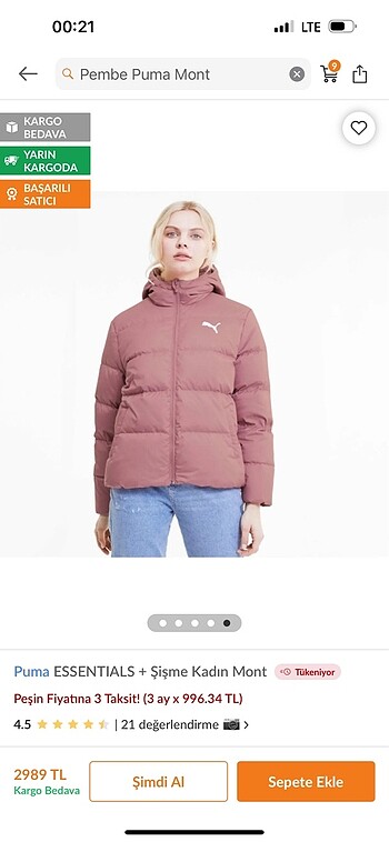 s Beden pembe Renk Puma mont