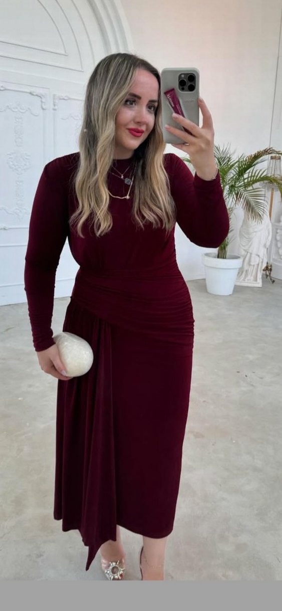 Bordo Drapeli Uzun Kollu Kadın Elbise - Görsel 2