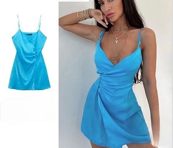 m Beden zara mavi mini elbise boncuk askı detaylı 0387/070/402