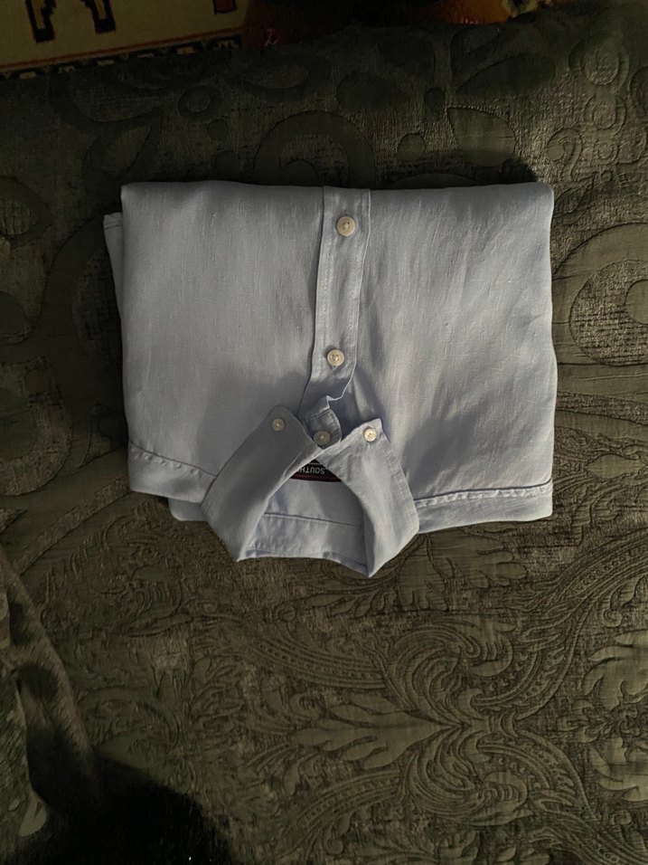 Erkek Kısa Kollu Mavi Keten Gömlek - Görsel 3