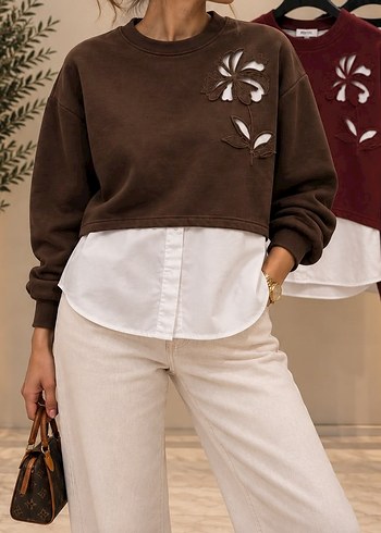 ipekyol Cicek Detayli Kahverengi Oversize Sweatshirt