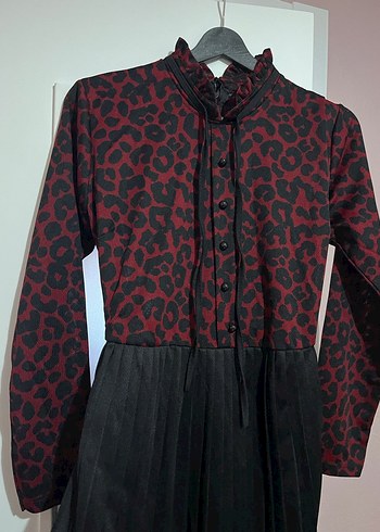 Bordo leopar Desenli Uzun Kollu Elbise
