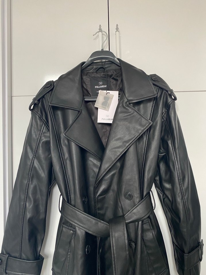 Kadın Siyah Deri Uzun Kuşaklı Ceket - Görsel 2