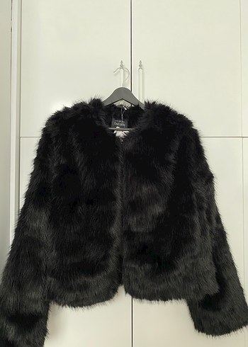 Siyah Kadın Kürk Detaylı Midi Mont - Görsel 2