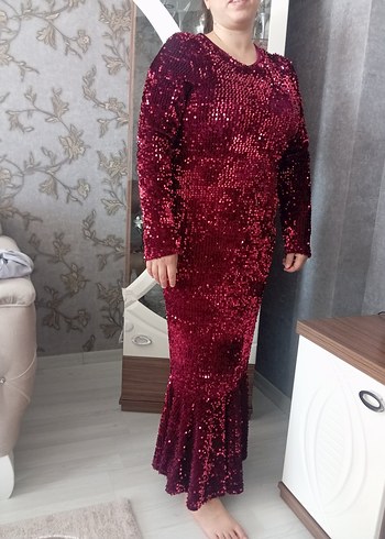 Kadın Bordo Parlak Payetli Uzun Abiye Elbise