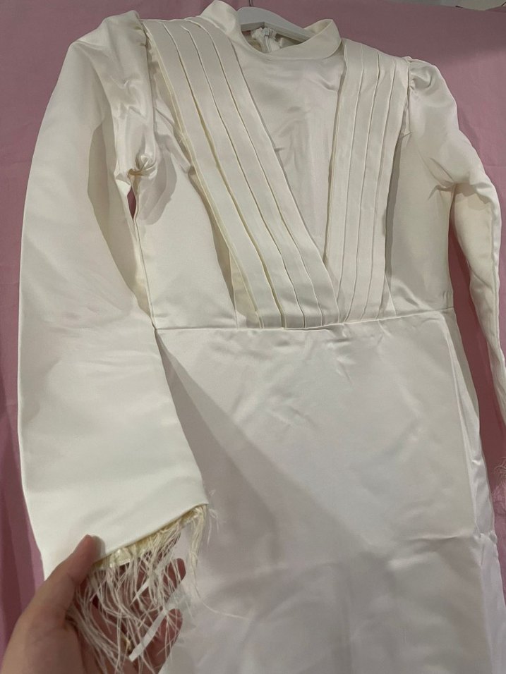 Uzun Kollu Beyaz Vintage Nikah Elbisesi - Görsel 2