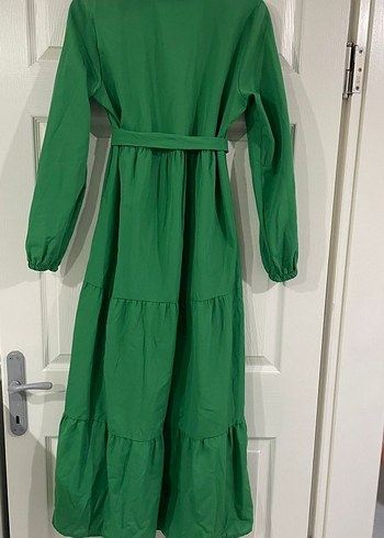 Uzun Kollu Yeşil Volanlı Bohem Elbise - Görsel 3